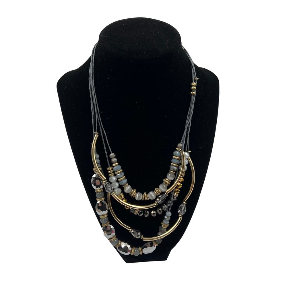 Bib Style Layered Multi Strand Necklace Neutral Gray & Gold Tones Boho Style 20"